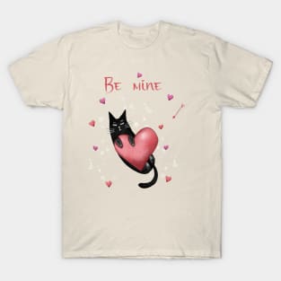 Happy valentines black cat. Cute cat and red hearts. T-Shirt